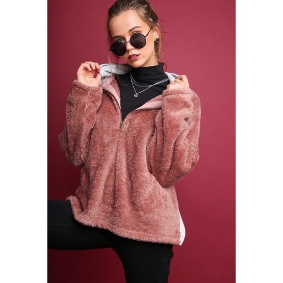 NWT Umgee Fleece Sherpa Quarter Zip Hoodie - Picture 1 of 6